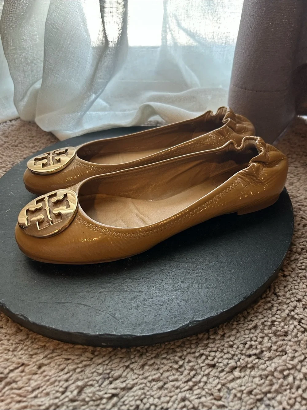 Tory Burch Tan Leather Logo Ballet Flats with Gold Medallions